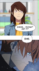 Shin-ae making a pun to make Nol stay, Nol laughing later scene