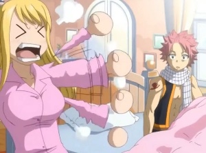 Lucy finding Natsu in her bed