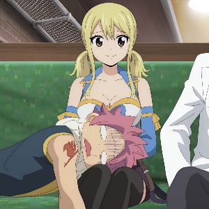 Lucy helping Natsu with motion sickness