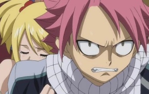 Lucy holding Natsu back in Edolas