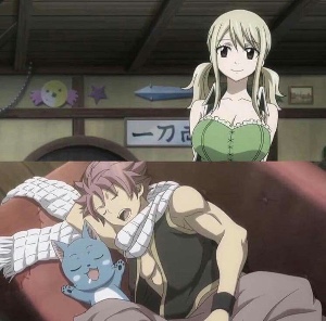 Lucy watching Natsu and Happy