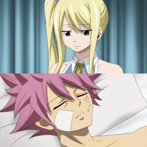 Lucy watching Natsu passed out