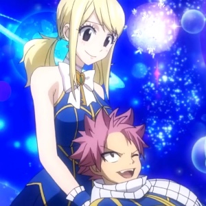 Natsu and Lucy thanking each other for saving