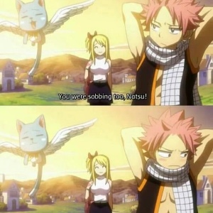 Natsu blushing at happy teasing him about Lucy