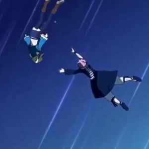Natsu catching Lucy