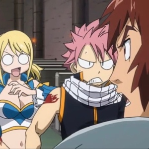 Natsu getting pissed at Dan for flirting with Lucy
