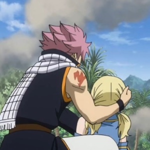 Natsu protecting Lucy against Virgo