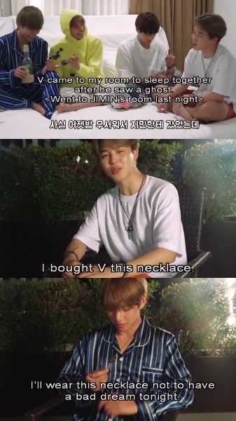 jimin buying taehyung a necklace after he had a bed dream and went to jimins room to sleep together