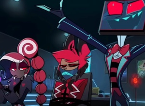 Vox x Velvette x Alastor(Platonic on Velvette’s side): MediaDoll