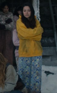 yellow hoodie + blue dress