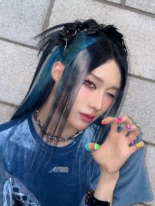 Long black with blue and white strands hair!!