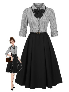 1950s Houndstooth Detachable Bow Collar Dress