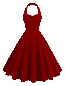 1950s Solid Sweetheart Neck Halter Dress