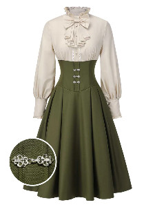 1950s Victorian Bow Tie Ruffled Long Sleeve Dress