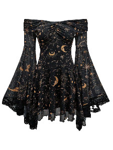 1980s Star Moon Sun Face Off-Shoulder Bell Sleeve Dress