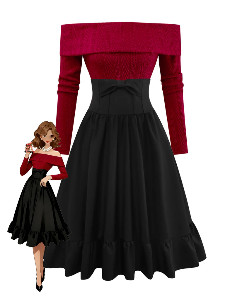 2PCS 1950s Off-Shoulder Knitted Sweater & Bow Skirt