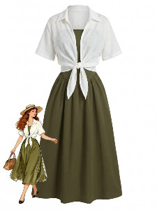 2PCS-1950s-Spaghetti-Strap-Smocked-Midi-Dress-Cropped-Shirt-SHIR-1_1024x1024