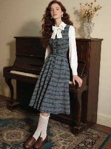 2PCS Grey 1950s Plaid Ruffled Dress & Cotton Blouse