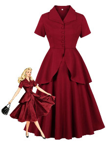 2PCS Red 1950s Solid Ruffled Button Top & Skirt