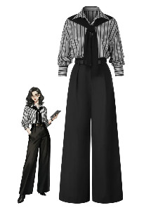 Black 1940s Shirt Collar Stripe Jumpsuit with Cape