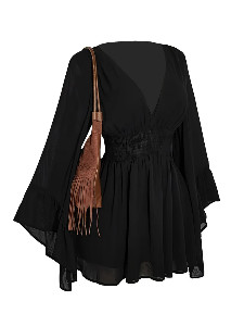 Black 1980s Solid V-Neck Flare Dress