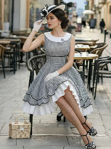 Black & White 1950s Gingham Plaid Petal Hem Dress