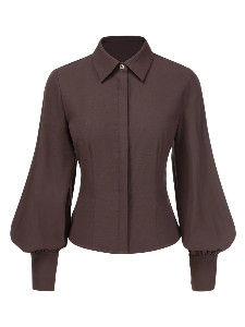 Brown 1950s Solid Lantern Sleeve Lapel Blouse