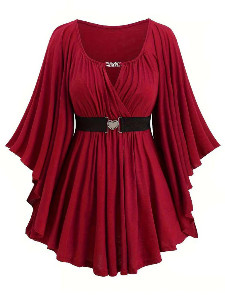 Deep Red 1970s Batwin Sleeve Ruffled Top