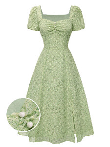 Green 1940s Sweetheart Ditsy Floral Dress