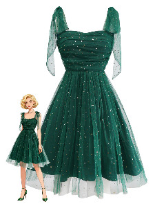 Green 1950s Glitter Shoulder Tie Rouched Dress