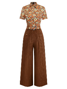 Orange 1970s Daisy Corduroy Patchwork Tie Neck Jumpsuit