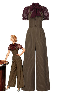 Red 1930s Mesh Patchwork Vertical Stripe Jumpsuit
