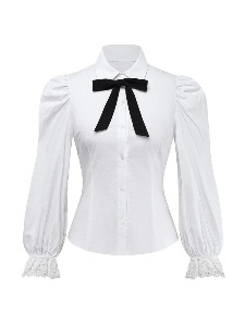 White 1960s Puff Sleeve Bow Tie Blouse